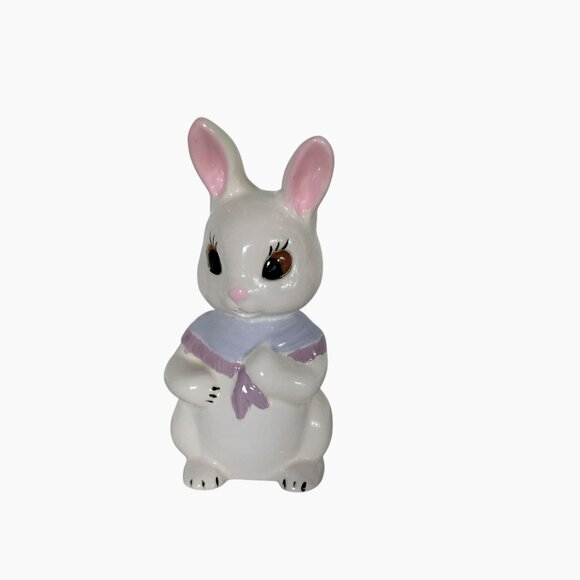 Ceramic Bunny Rabbit Figurine, Lavender Scarf & Pink Ears, Vintage Easter Decor - Picture 9 of 9